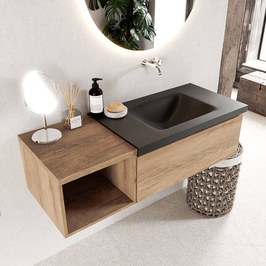 Mondiaz BUKLA Badkamermeubelset 120x45x34cm 0 kraangaten wasbak rechts solid surface Urban greeploos 1 lade Melamine Washed Oak BUKLA20069 - Foto 2