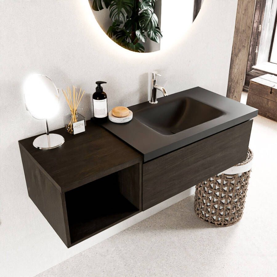 Mondiaz BUKLA Badkamermeubelset 120x45x34cm 1 kraangat wasbak rechts solid surface Urban greeploos 1 lade Melamine Dark brown BUKLA20158 - Foto 2