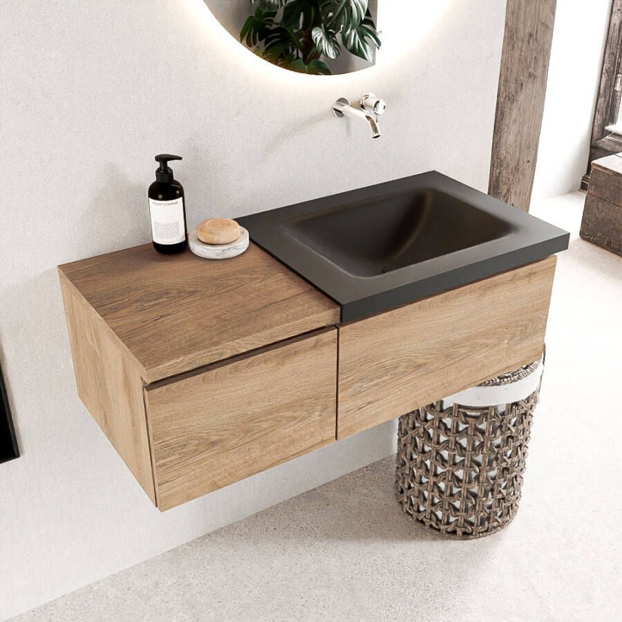 Mondiaz BUKLA badmeubelset 100x45x34cm 0 kraangaten wasbak rechts solid surface Urban greeploos 2 lades met softclose Melamine Washed Oak BUKLA10075 - Foto 2