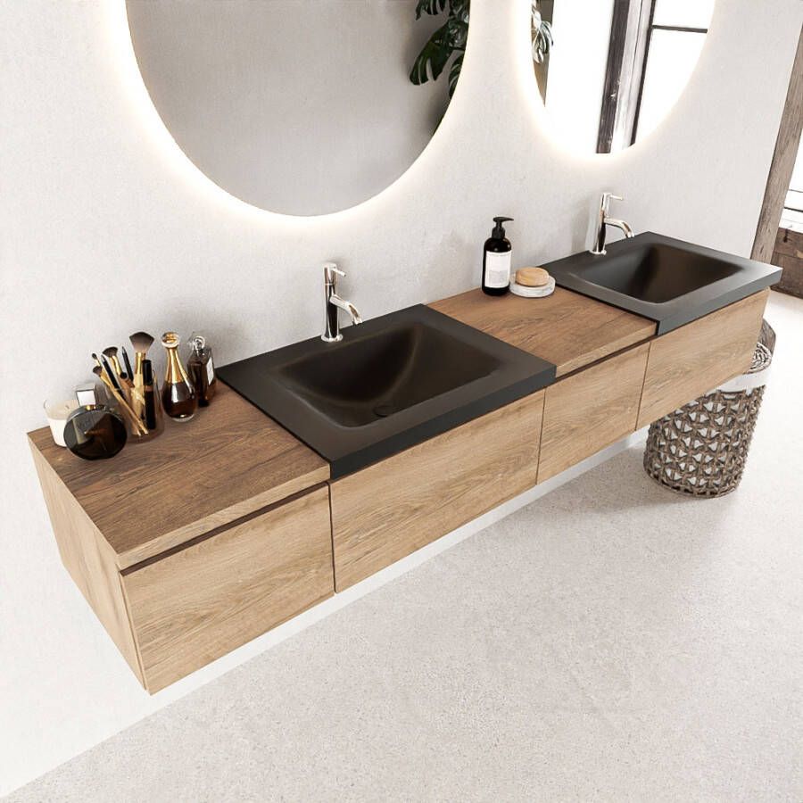 Mondiaz BUKLA badkamermeubelset 200x45x34cm 2 kraangaten 2 wasbakken solid surface Urban greeploos 4 lades met softclose Melamine Washed Oak BUKLA10084 - Foto 2