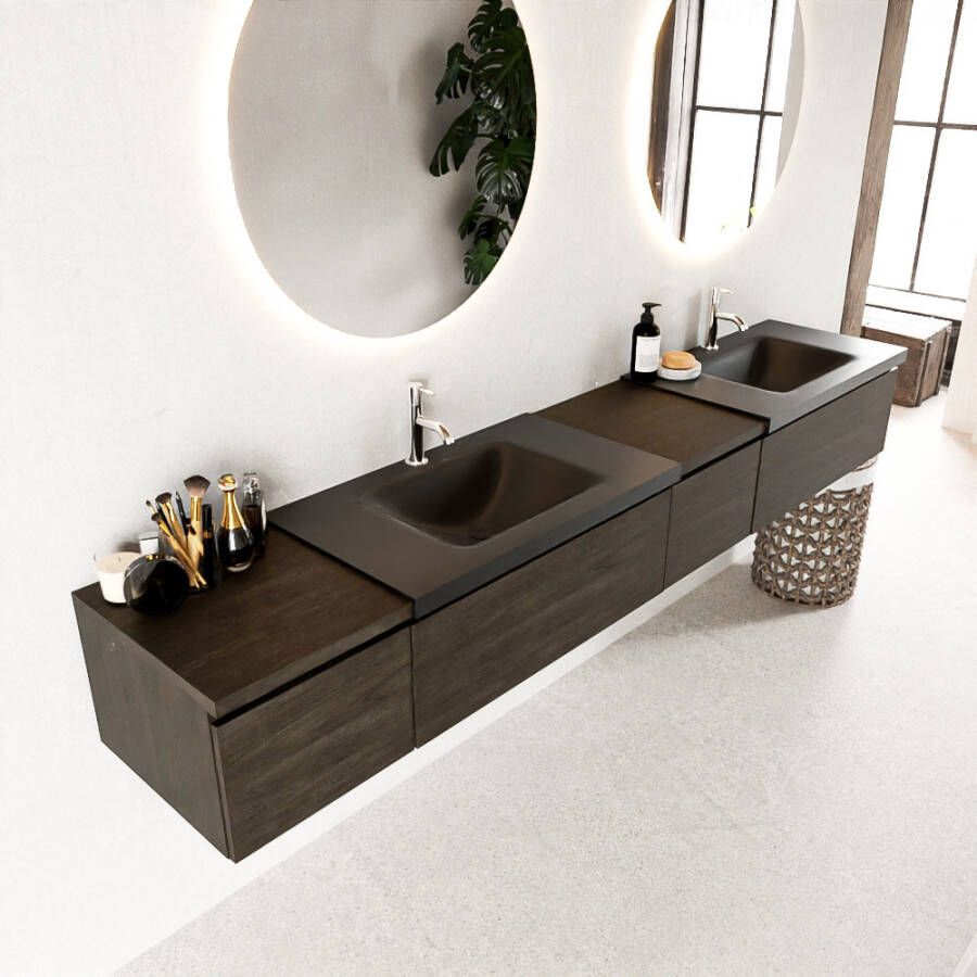 Mondiaz BUKLA badkamermeubelset 240x45x34cm 2 kraangaten 2 wasbakken solid surface Urban greeploos 4 lades met softclose Melamine Dark brown BUKLA10226 - Foto 2