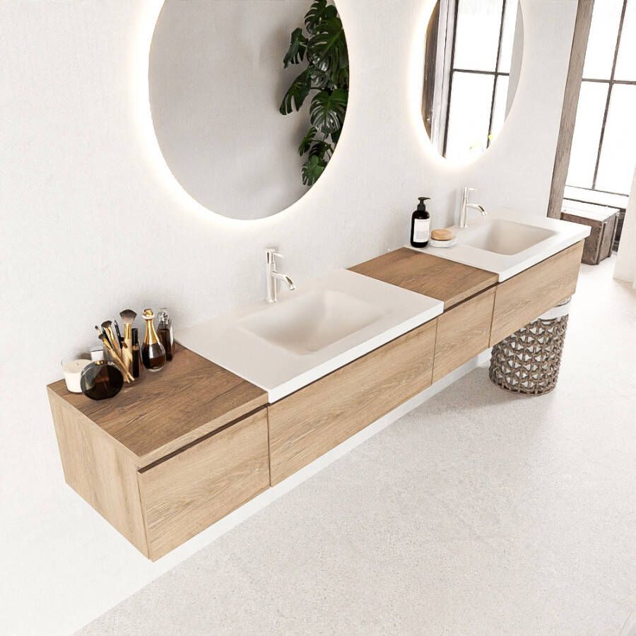 Mondiaz BUKLA badkamermeubelset 240x45x34cm 2 kraangaten 2 wasbakken solid surface Talc greeploos 4 lades met softclose Melamine Washed Oak BUKLA10034