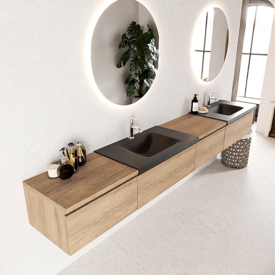 Mondiaz BUKLA badkamermeubelset 280x45x34cm 2 kraangaten 2 wasbakken solid surface Urban greeploos 4 lades met softclose Melamine Washed Oak BUKLA10126 - Foto 2