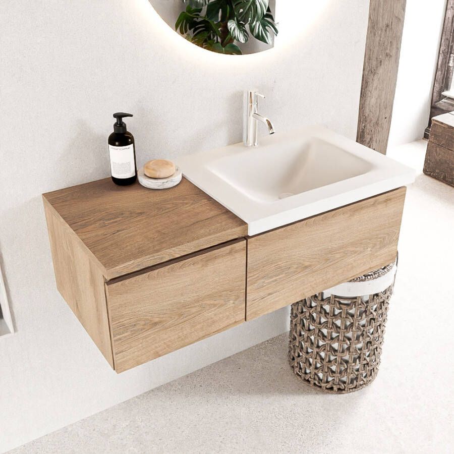 Mondiaz BUKLA badmeubelset 100x45x34cm 1 kraangat wasbak rechts solid surface Talc greeploos 2 lades met softclose Melamine Washed Oak BUKLA10012