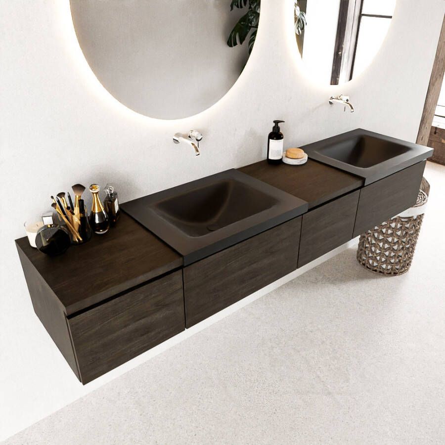 Mondiaz BUKLA badkamermeubelset 200x45x34cm 0 kraangaten 2 wasbakken solid surface Urban greeploos 4 lades met softclose Melamine Dark brown BUKLA10211 - Foto 2