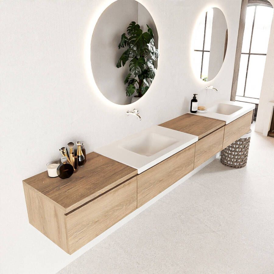 Mondiaz BUKLA badkamermeubelset 280x45x34cm 0 kraangaten 2 wasbakken solid surface Talc greeploos 4 lades met softclose Melamine Washed Oak BUKLA10061