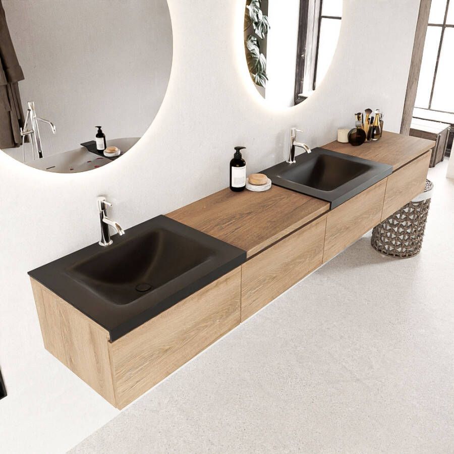 Mondiaz BUKLA badkamermeubelset 240x45x34cm 2 kraangaten 2 wasbakken solid surface Urban greeploos 4 lades met softclose Melamine Washed Oak BUKLA10112 - Foto 3