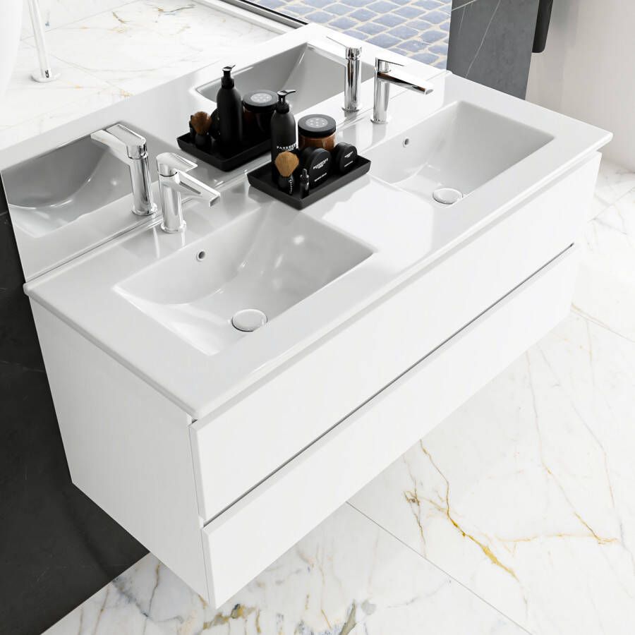 Douche Concurrent Badkamermeubel Denta Hangend 120x50x45cm MDF Wit Glans Keramiek Wastafel Softclose 2 Kraangaten Dubbel met 2 Lades