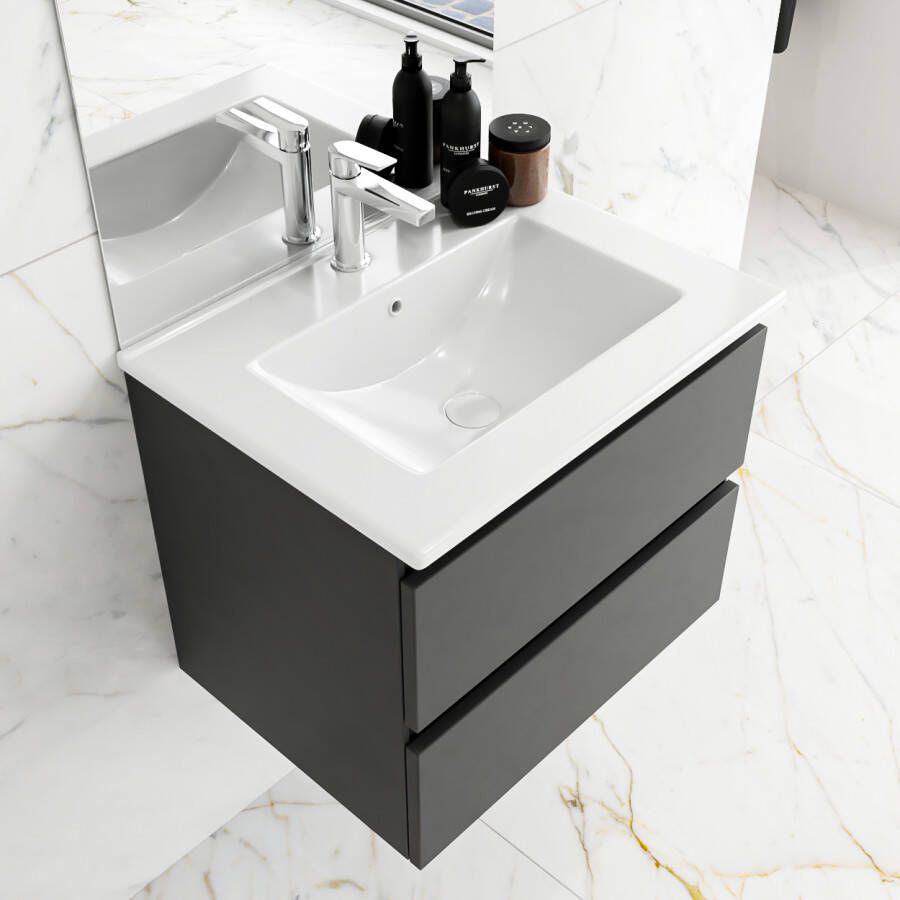 Douche Concurrent Badkamermeubel Denta Hangend 60x50x45cm MDF Donkergrijs Glans Keramiek Wastafel Softclose 1 Kraangat Midden met 2 Lades