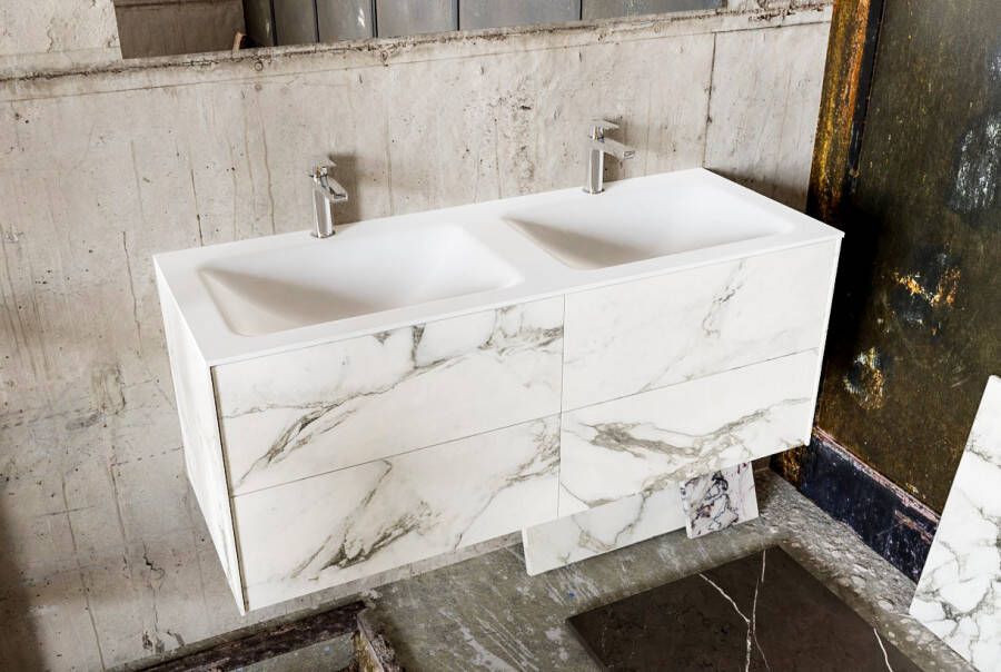 Douche Concurrent Badkamermeubel Kivi Hangend 120x47x45cm Porcelenato Solid Surface Wastafel 2 Kraangaten Dubbel met 4 Lades