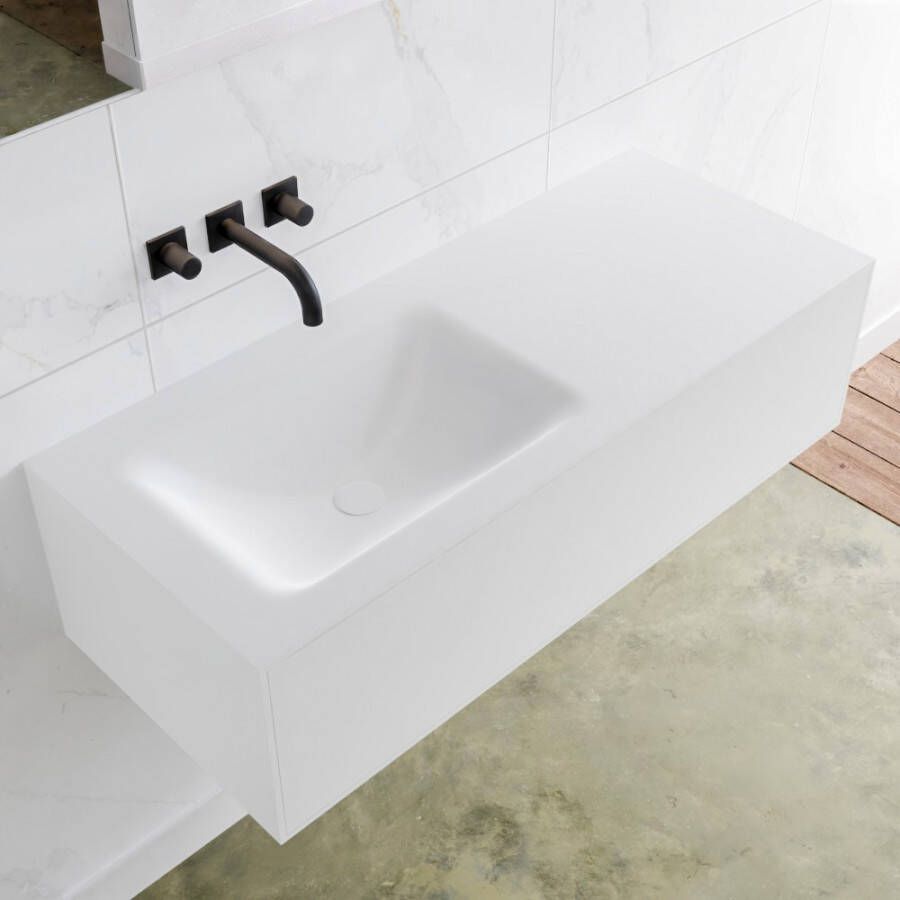 Douche Concurrent Badkamermeubel Lagom Hangend 110x30x45cm Wit Glans Solid Surface Wastafel Cloud Geen Kraangaten Links met 1 Lade