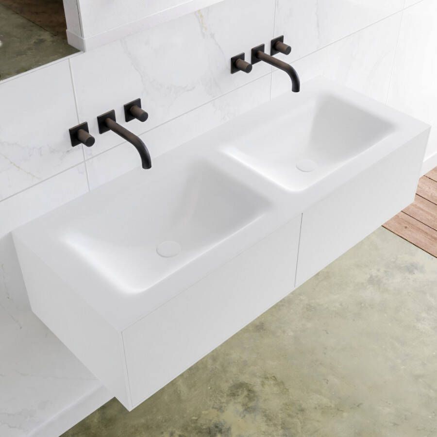 Douche Concurrent Badkamermeubel Lagom Hangend 120x30x45cm Wit Glans Solid Surface Wastafel Cloud Geen Kraangaten Dubbel met 2 Lades - Foto 2