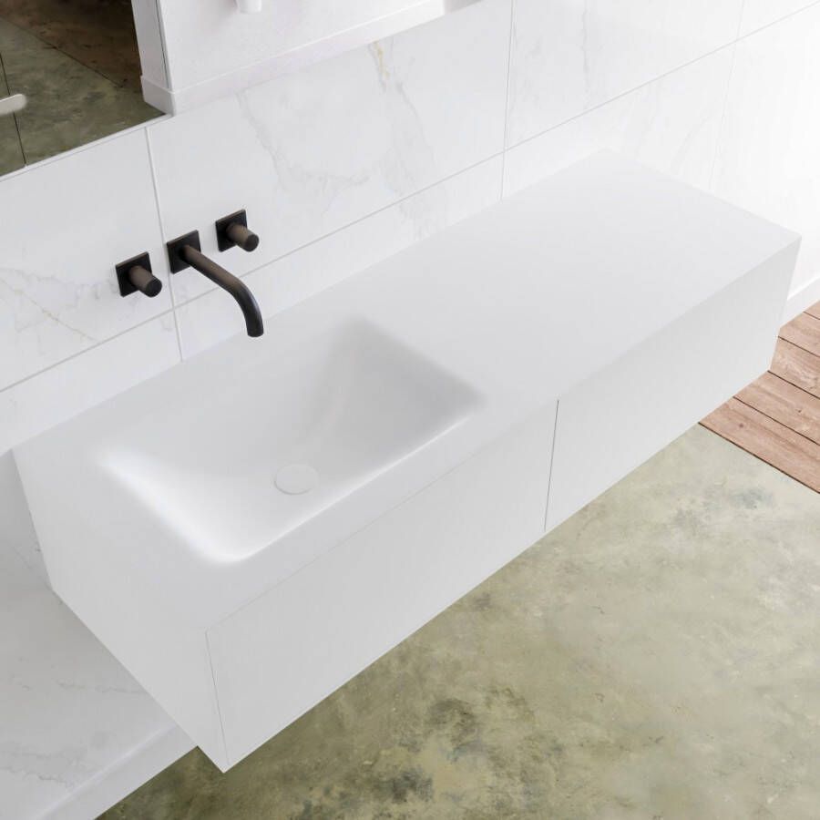 Douche Concurrent Badkamermeubel Lagom Hangend 130x30x45cm Wit Glans Solid Surface Wastafel Cloud Geen Kraangaten Links met 2 Lades