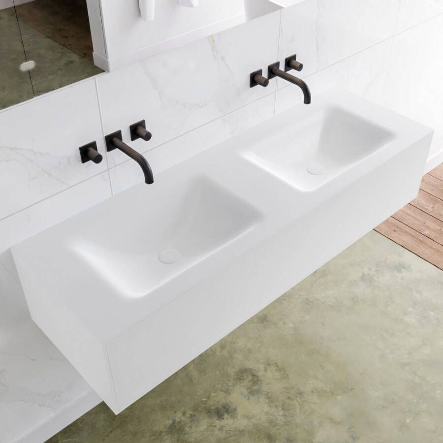 Douche Concurrent Badkamermeubel Lagom Hangend 140x30x45cm Wit Glans Solid Surface Wastafel Cloud Geen Kraangaten Dubbel met 1 Lade - Foto 2