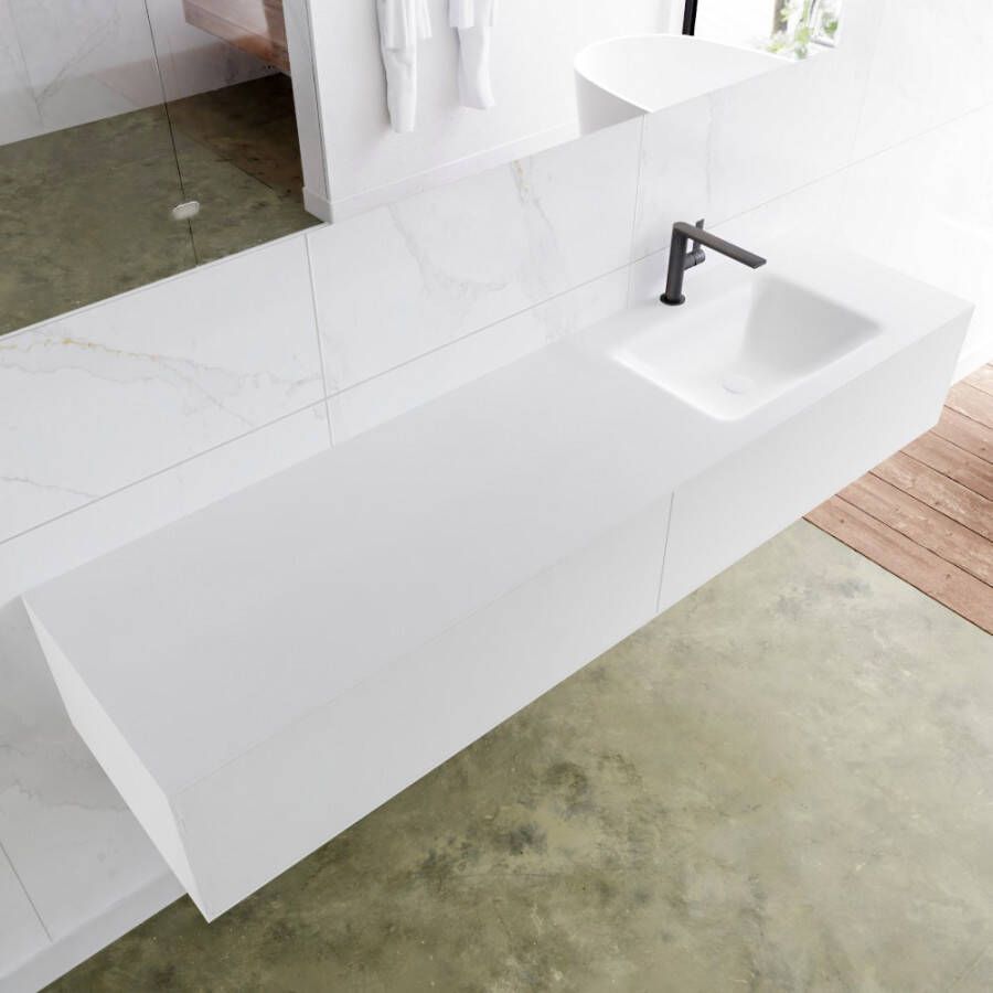 Douche Concurrent Badkamermeubel Lagom Hangend 180x30x45cm Wit Glans Solid Surface Wastafel Cloud 1 Kraangat Rechts met 2 Lades