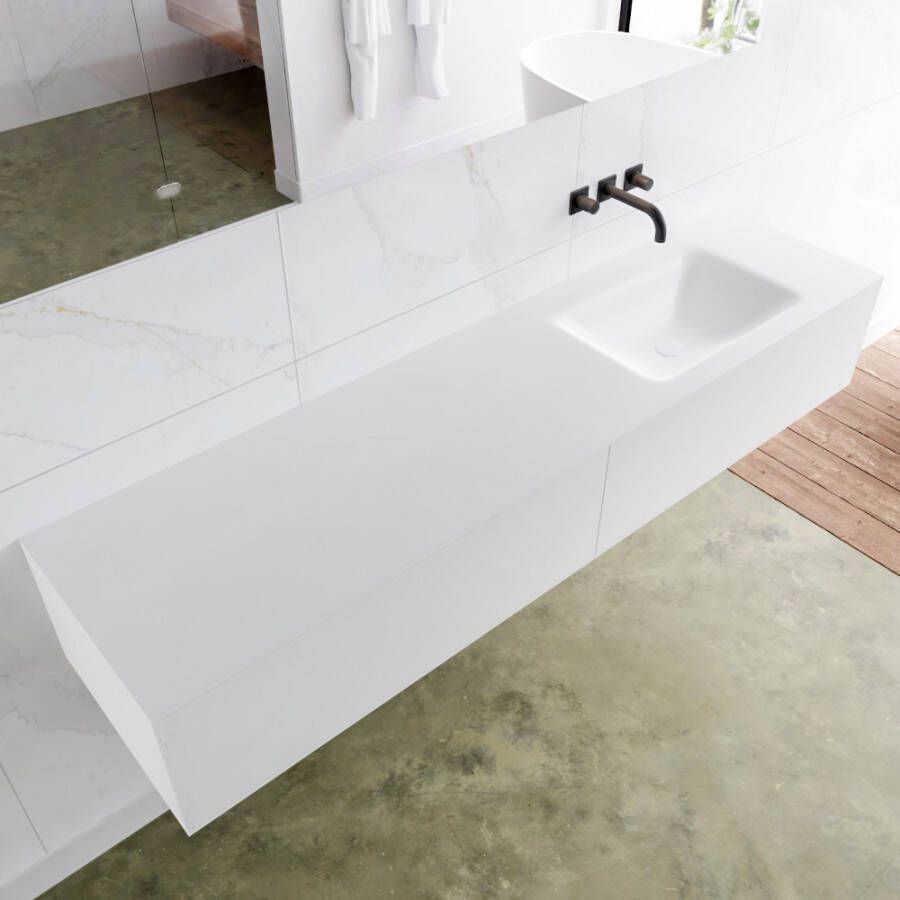 Douche Concurrent Badkamermeubel Lagom Hangend 180x30x45cm Wit Glans Solid Surface Wastafel Cloud Geen Kraangaten Rechts met 2 Lades