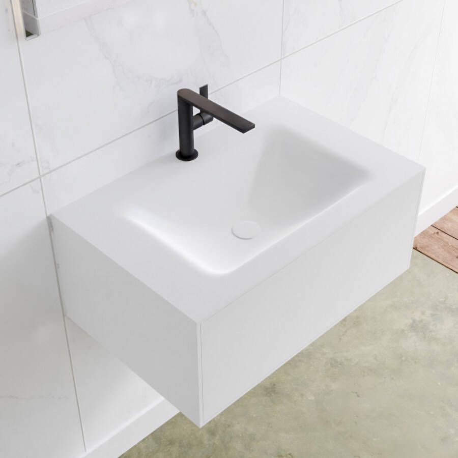 Douche Concurrent Badkamermeubel Lagom Hangend 70x30x45cm Wit Glans Solid Surface Wastafel Cloud 1 Kraangat Midden met 1 Lades