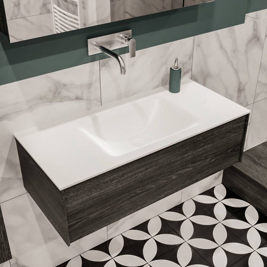 Zaro Lush onderkast 100cm in kleur ANTRACITE met 1 lade Push tot open geschikt voor gecentreerde wastafel. Compleet met solid surface wastafel cloud M35132met 0 kraangat(en) - Foto 2