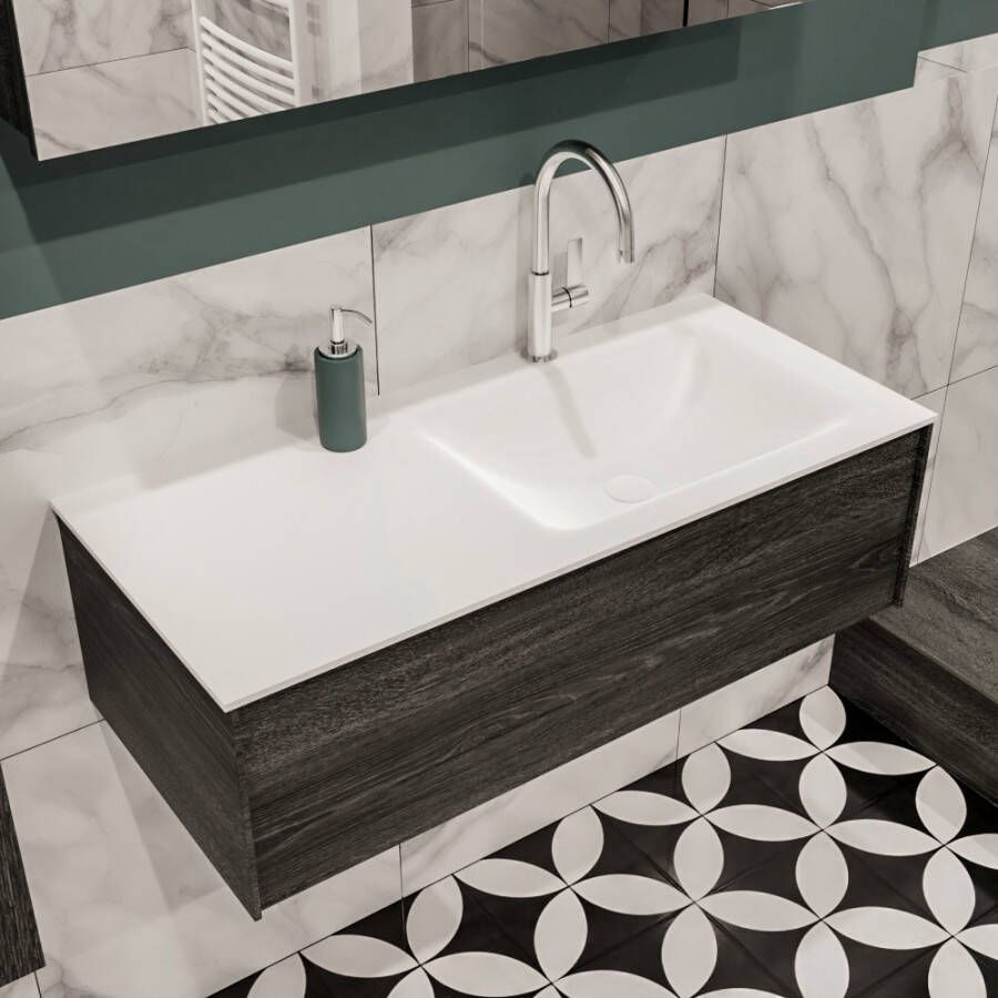 Zaro Lush onderkast 100cm in kleur ANTRACITE met 1 lade Push tot open geschikt voor rechtse wastafel. Compleet met solid surface wastafel cloud M35134met 1 kraangat(en)