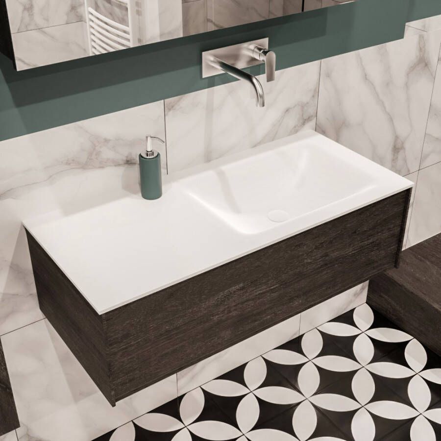 Zaro Lush onderkast 100cm in kleur DARK BROWN met 1 lade Push tot open geschikt voor rechtse wastafel. Compleet met solid surface wastafel cloud M35134met 0 kraangat(en) - Foto 2