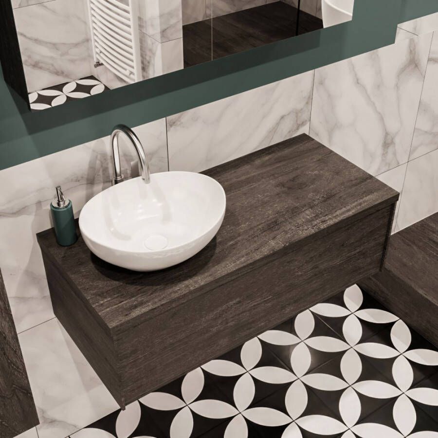 Zaro Lush onderkast met topblad 100cm in kleur DARK BROWN met 1 lades Push tot open geschikt voor linkse wastafel. Met ovale keramische opzetkom met 1 kraangat(en) in het topblad - Foto 2