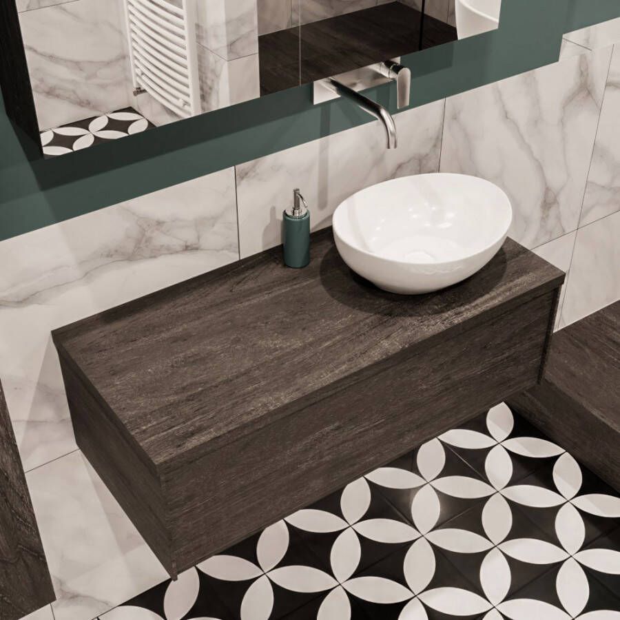 Zaro Lush onderkast met topblad 100cm in kleur DARK BROWN met 1 lades Push tot open geschikt voor rechtse wastafel. Met ovale keramische opzetkom met 0 kraangat(en) in het topblad - Foto 2