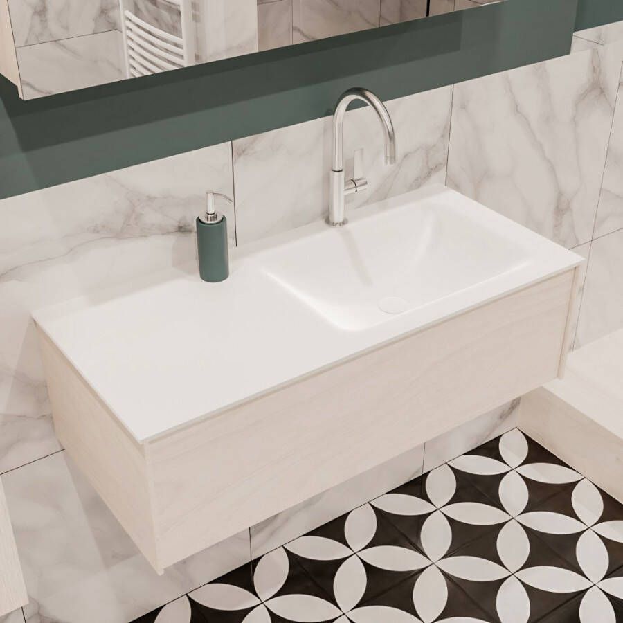 Zaro Lush onderkast 100cm in kleur UNDERLAYMENT met 1 lade Push tot open geschikt voor rechtse wastafel. Compleet met solid surface wastafel cloud M35134met 1 kraangat(en)