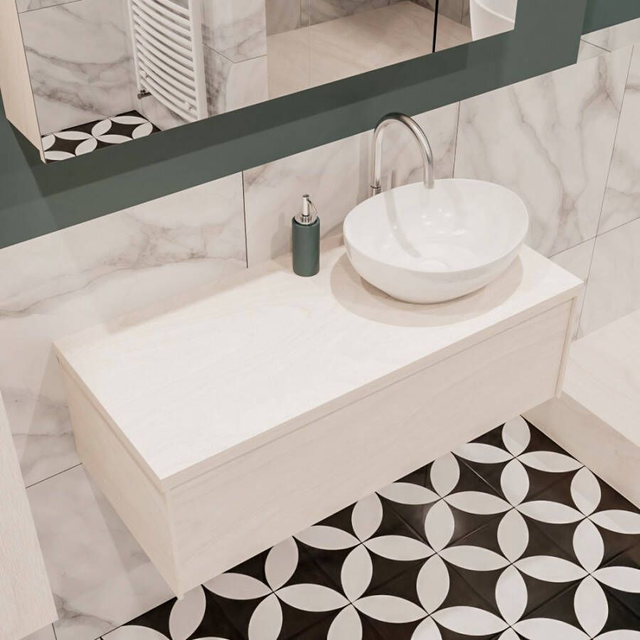 Zaro Lush onderkast met topblad 100cm in kleur UNDERLAYMENT met 1 lades Push tot open geschikt voor rechtse wastafel. Met ovale keramische opzetkom met 1 kraangat(en) in het topblad - Foto 2