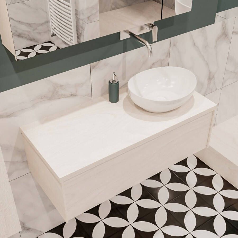 Zaro Lush onderkast met topblad 100cm in kleur UNDERLAYMENT met 1 lades Push tot open geschikt voor rechtse wastafel. Met ovale keramische opzetkom met 0 kraangat(en) in het topblad