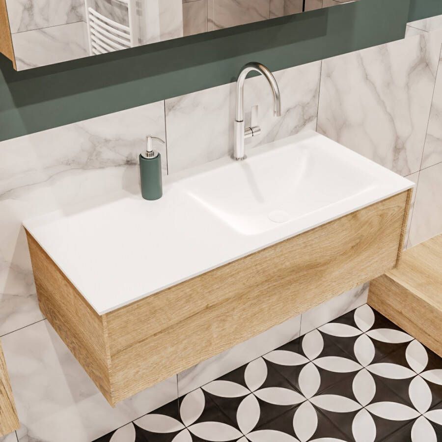 Zaro Lush onderkast 100cm in kleur WASHED OAK met 1 lade Push tot open geschikt voor rechtse wastafel. Compleet met solid surface wastafel cloud M35134met 1 kraangat(en) - Foto 2