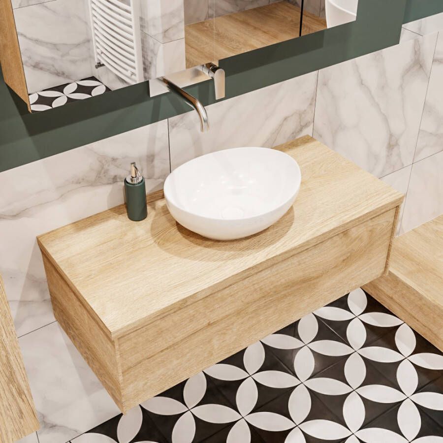 Zaro Lush onderkast met topblad 100cm in kleur WASHED OAK met 1 lades Push tot open geschikt voor gecentreerde wastafel. Met ovale keramische opzetkom met 0 kraangat(en) in het topblad
