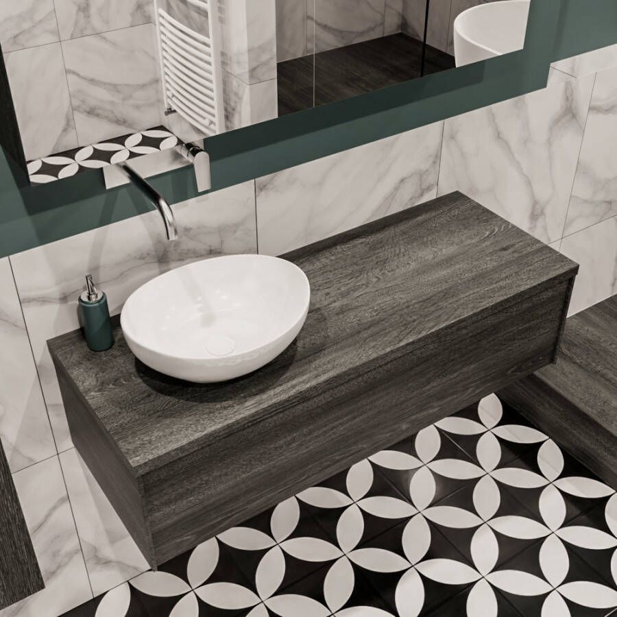 Zaro Lush onderkast met topblad 120cm in kleur ANTRACITE met 1 lades Push tot open geschikt voor linkse wastafel. Met ovale keramische opzetkom met 0 kraangat(en) in het topblad - Foto 2