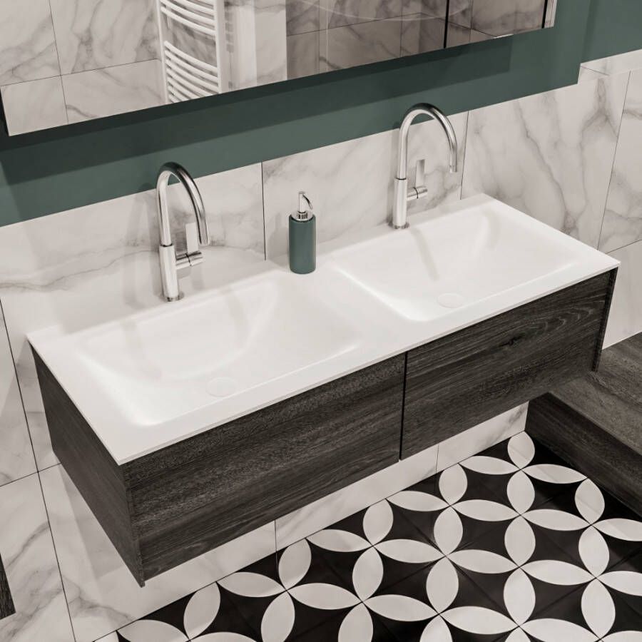 Zaro Lush onderkast 120cm in kleur ANTRACITE met 2 lades Push tot open geschikt voor dubbele wastafel. Compleet met solid surface wastafel cloud M35165met 2 kraangat(en)