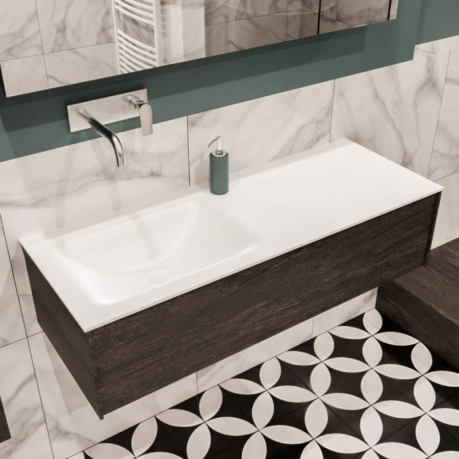 Zaro Lush onderkast 120cm in kleur DARK BROWN met 1 lade Push tot open geschikt voor linkse wastafel. Compleet met solid surface wastafel cloud M35163met 0 kraangat(en)