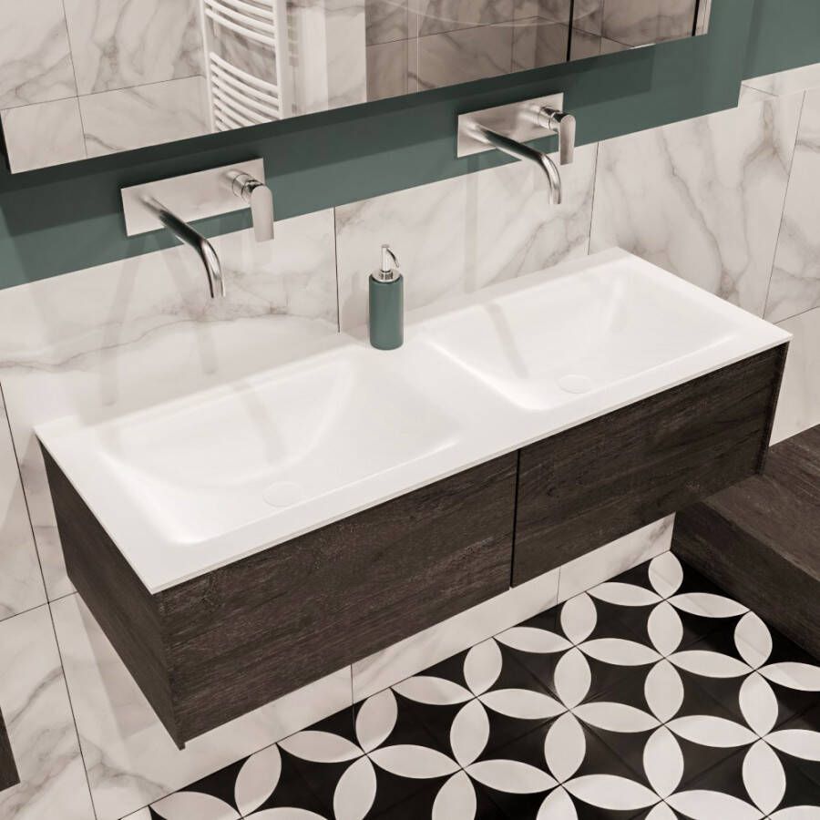 Zaro Lush onderkast 120cm in kleur DARK BROWN met 2 lades Push tot open geschikt voor dubbele wastafel. Compleet met solid surface wastafel cloud M35165met 0 kraangat(en) - Foto 2