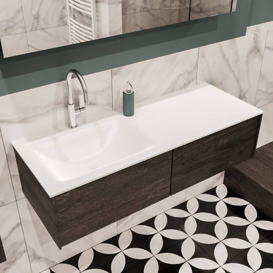 Zaro Lush onderkast 120cm in kleur DARK BROWN met 2 lades Push tot open geschikt voor linkse wastafel. Compleet met solid surface wastafel cloud M35163met 1 kraangat(en)