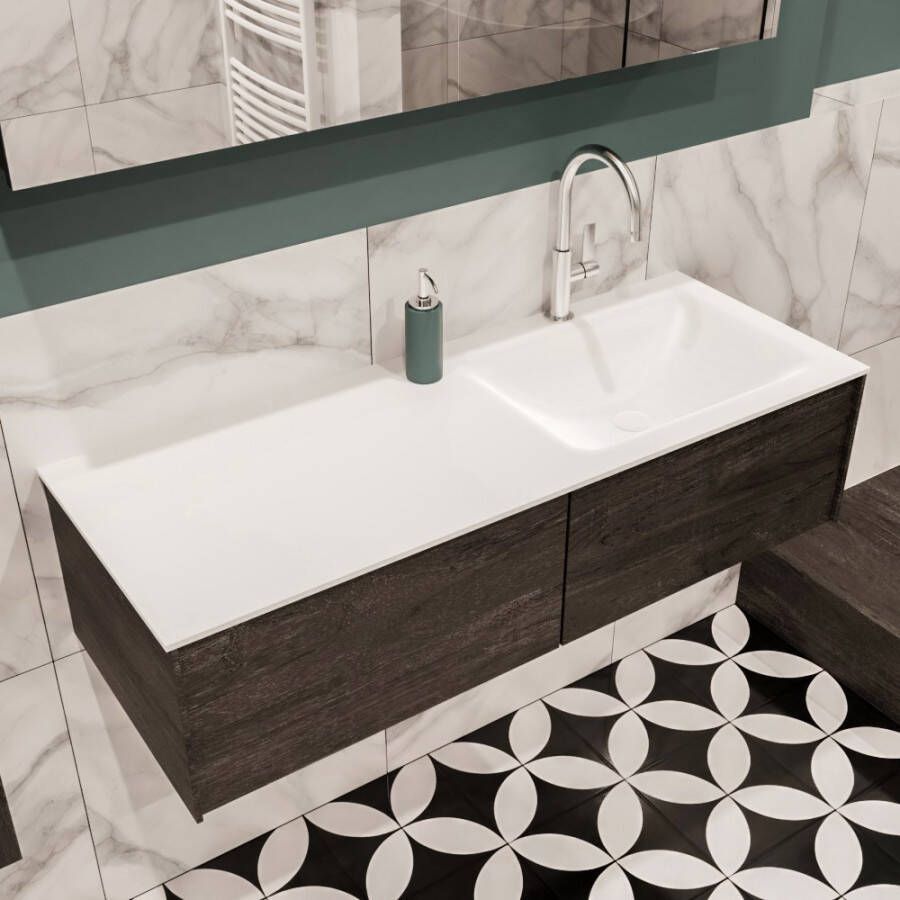 Zaro Lush onderkast 120cm in kleur DARK BROWN met 2 lades Push tot open geschikt voor rechtse wastafel. Compleet met solid surface wastafel cloud M35164met 1 kraangat(en) - Foto 2