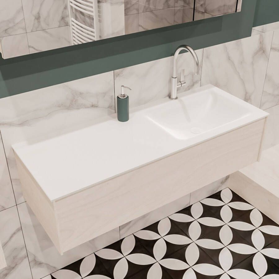 Zaro Lush onderkast 120cm in kleur UNDERLAYMENT met 1 lade Push tot open geschikt voor rechtse wastafel. Compleet met solid surface wastafel cloud M35164met 1 kraangat(en)