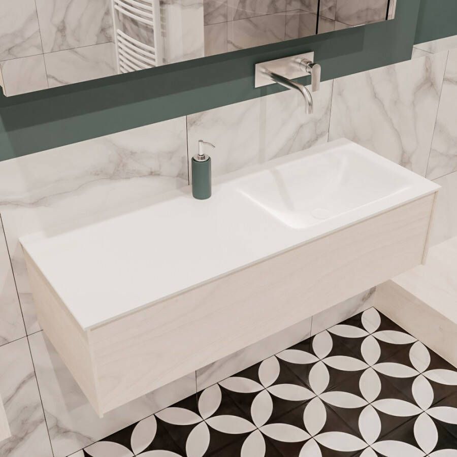Zaro Lush onderkast 120cm in kleur UNDERLAYMENT met 1 lade Push tot open geschikt voor rechtse wastafel. Compleet met solid surface wastafel cloud M35164met 0 kraangat(en)