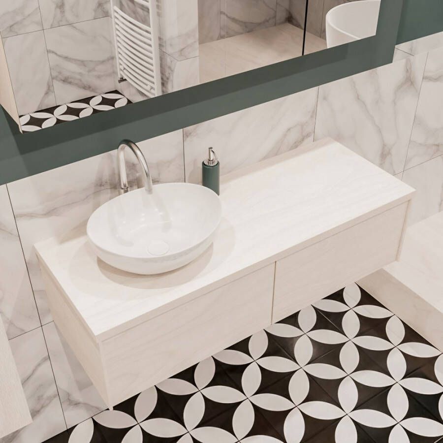 Zaro Lush onderkast met topblad 120cm in kleur UNDERLAYMENT met 2 lades Push tot open geschikt voor linkse wastafel. Met ovale keramische opzetkom met 1 kraangat(en) in het topblad