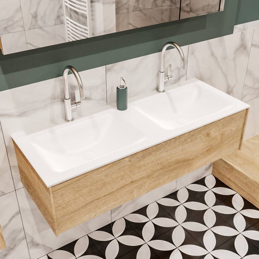 Zaro Lush onderkast 120cm in kleur WASHED OAK met 1 lade Push tot open geschikt voor dubbele wastafel. Compleet met solid surface wastafel cloud M35165met 2 kraangat(en) - Foto 2