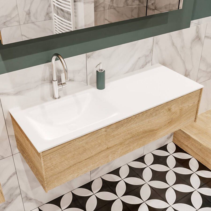 Zaro Lush onderkast 120cm in kleur WASHED OAK met 1 lade Push tot open geschikt voor linkse wastafel. Compleet met solid surface wastafel cloud M35163met 1 kraangat(en) - Foto 2
