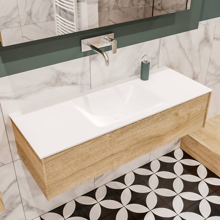 Zaro Lush onderkast 120cm in kleur WASHED OAK met 1 lade Push tot open geschikt voor gecentreerde wastafel. Compleet met solid surface wastafel cloud M35162met 0 kraangat(en)
