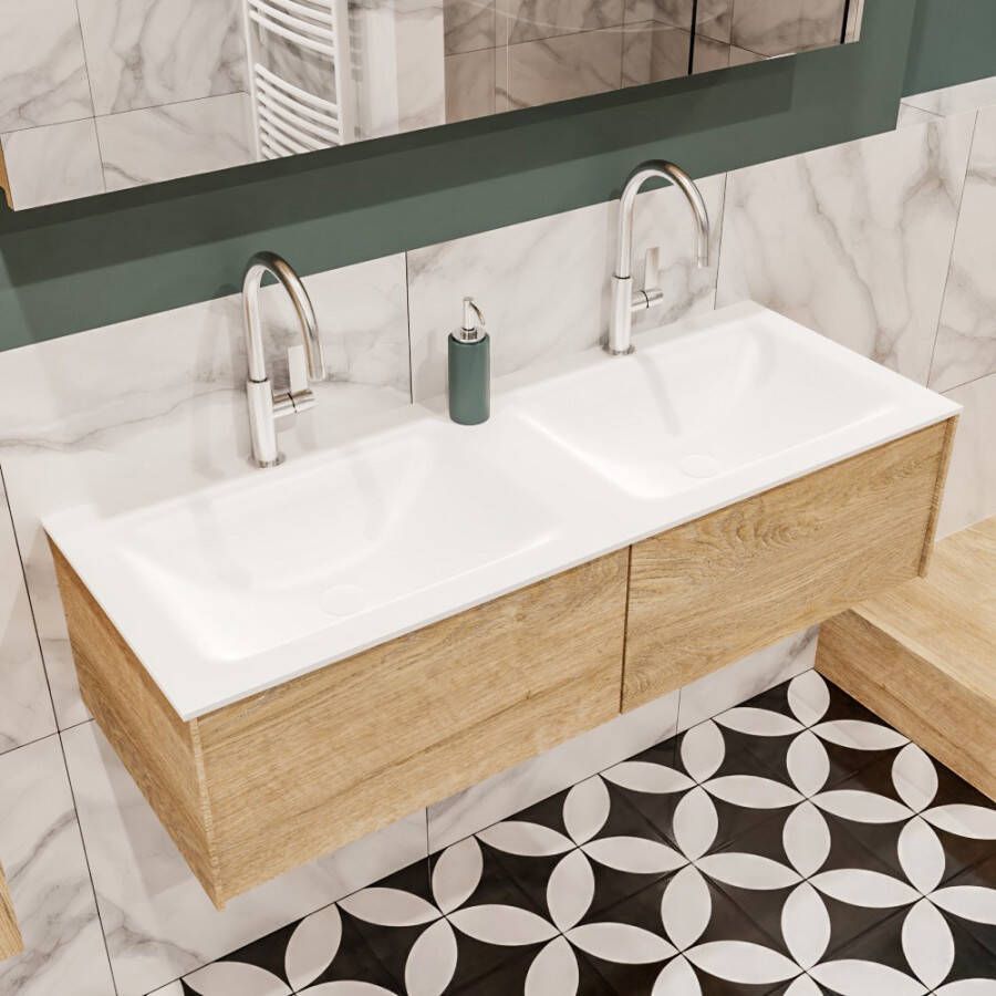 Zaro Lush onderkast 120cm in kleur WASHED OAK met 2 lades Push tot open geschikt voor dubbele wastafel. Compleet met solid surface wastafel cloud M35165met 2 kraangat(en) - Foto 2