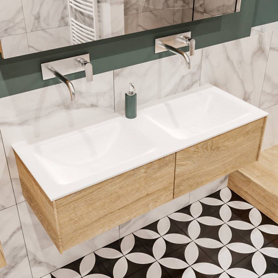 Zaro Lush onderkast 120cm in kleur WASHED OAK met 2 lades Push tot open geschikt voor dubbele wastafel. Compleet met solid surface wastafel cloud M35165met 0 kraangat(en)