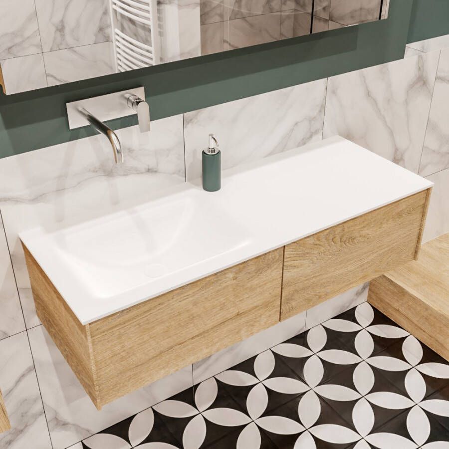 Zaro Lush onderkast 120cm in kleur WASHED OAK met 2 lades Push tot open geschikt voor linkse wastafel. Compleet met solid surface wastafel cloud M35163met 0 kraangat(en)