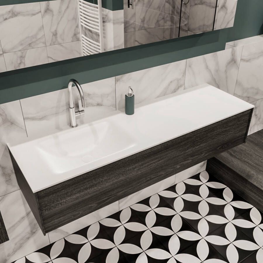 Zaro Lush onderkast 150cm in kleur ANTRACITE met 1 lade Push tot open geschikt voor linkse wastafel. Compleet met solid surface wastafel cloud M35217met 1 kraangat(en)