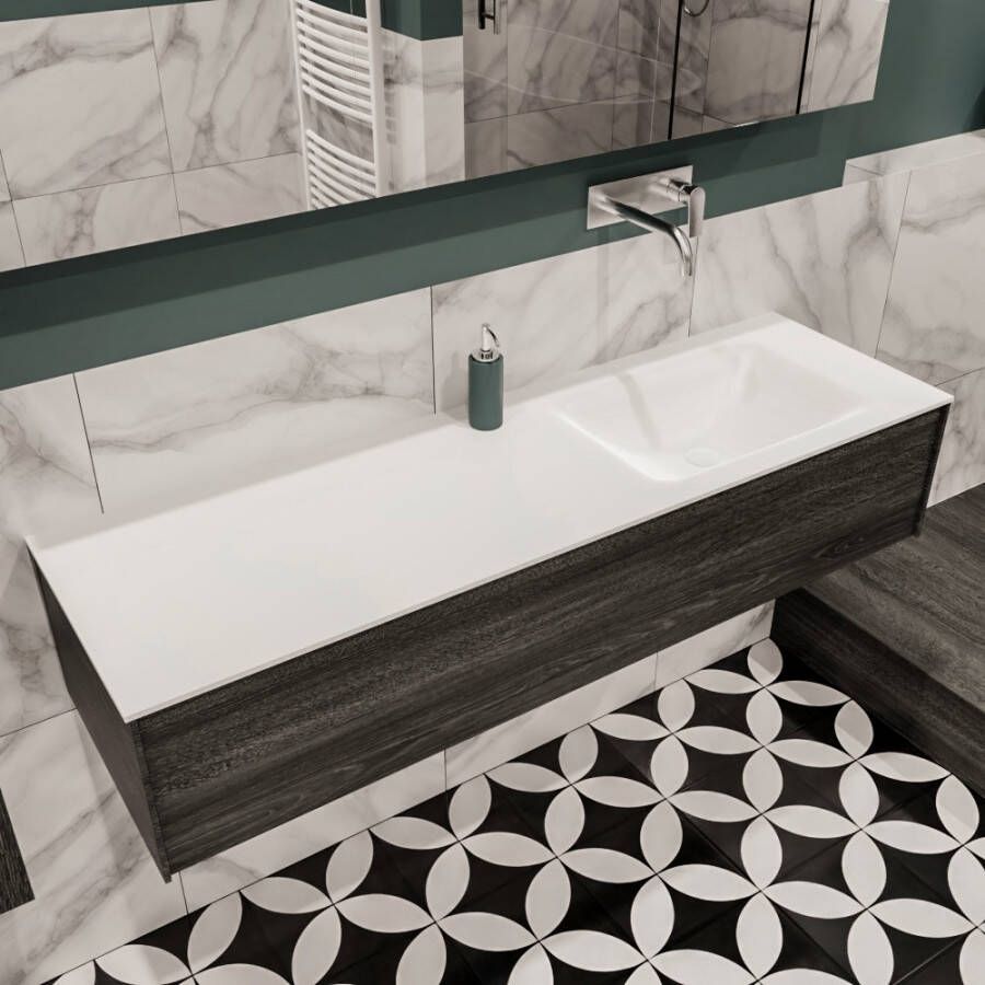 Zaro Lush onderkast 150cm in kleur ANTRACITE met 1 lade Push tot open geschikt voor rechtse wastafel. Compleet met solid surface wastafel cloud M35218met 0 kraangat(en)