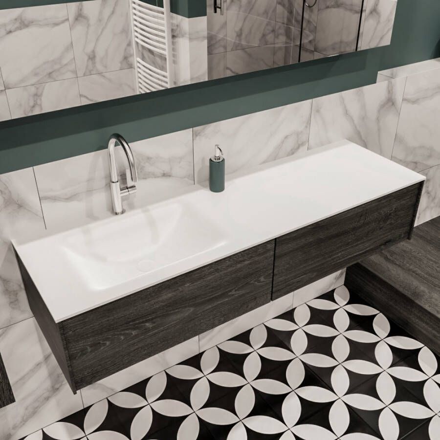 Zaro Lush onderkast 150cm in kleur ANTRACITE met 2 lades Push tot open geschikt voor linkse wastafel. Compleet met solid surface wastafel cloud M35217met 1 kraangat(en)