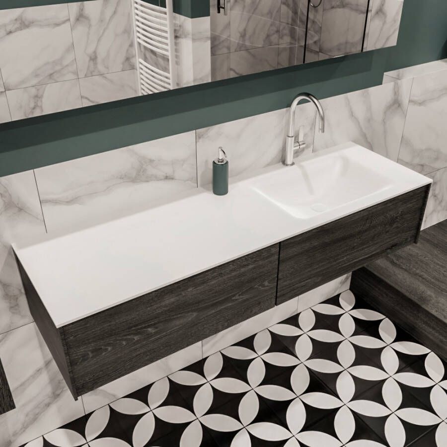 Zaro Lush onderkast 150cm in kleur ANTRACITE met 2 lades Push tot open geschikt voor rechtse wastafel. Compleet met solid surface wastafel cloud M35218met 1 kraangat(en) - Foto 2